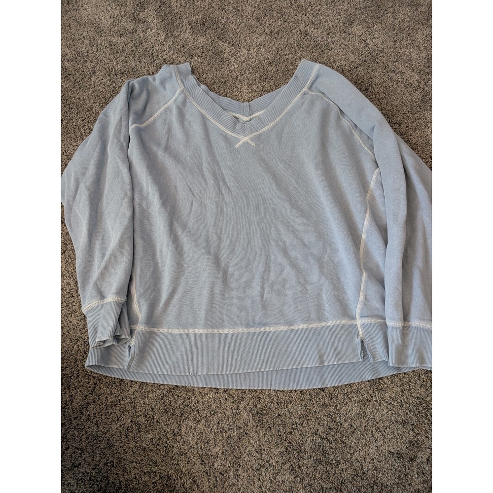 Aerie Womens Light Blue V-Neck Oversized Sweatshirt‎ Contrast Stitch Large